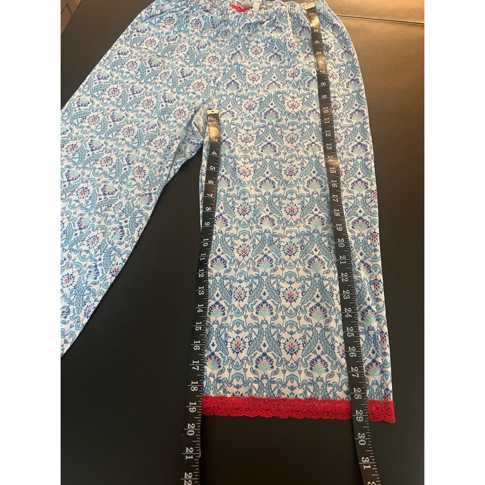 Blue Red Floral Damask Pajama Pants XL Lace Trim Lounge Crop Wide Leg RN 1194 - Picture 7 of 11